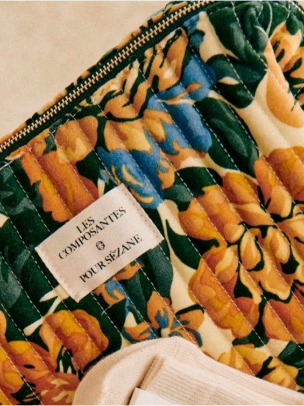 NWT 🇫🇷 Sézane Floral Quilted Velvet Pouch Toiletry Bag in Mustard Green Blue